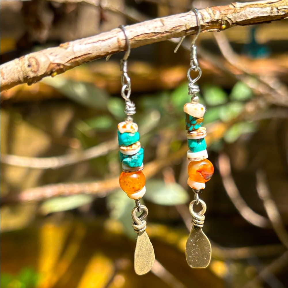 Handmade Vintage Genuine Turquoise Heishi Carnelian Stone Mixed Metal Earrings